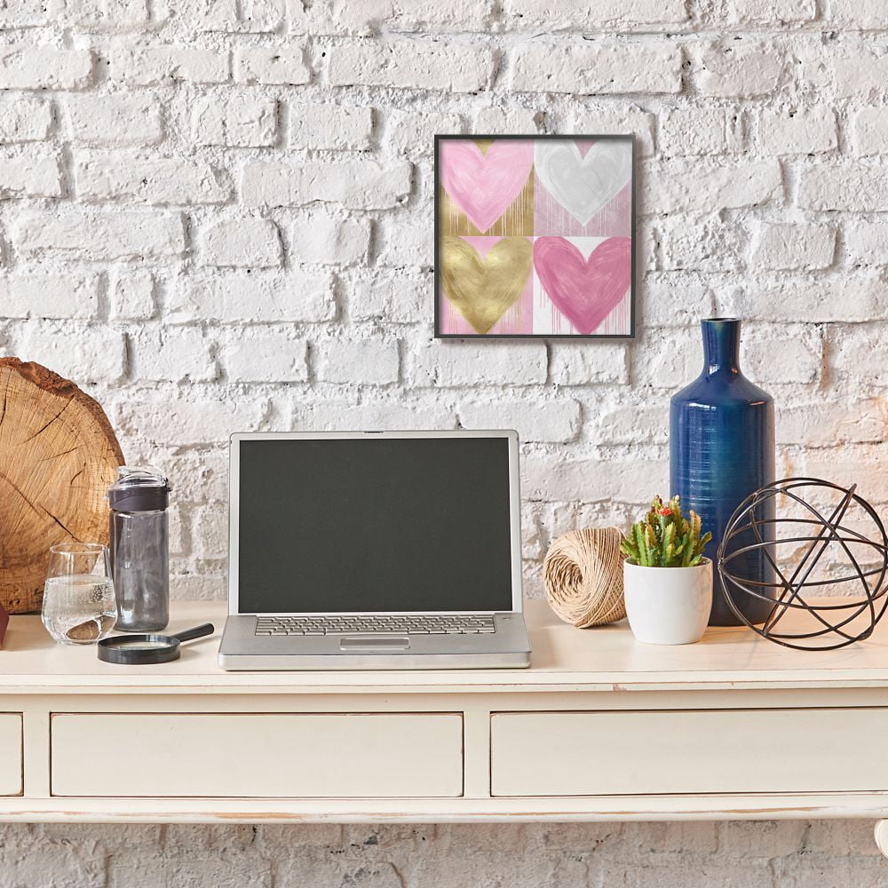 Stupell Industries Pink and Gold Glam Hearts Spray Paint Drip Framed Wall Art Design by Lindsay Rodgers, 12" x 12", Black Framed