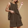 thumbnail image 5 of Women Summer Clothing Set,Casual Summer Outfits,Solid-color Contrast Stitch Cotton 2-Piece Set Sleeveless Tunic & Loose Pocket Shorts Breathable Cotton & Linen Vacation Tracksuit, 5 of 5