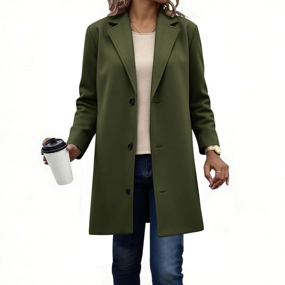 BRGZLK Womens Coats Fall Winter Solid Color Lapel Button Collar Single Breasted Wool Blend Peacoats Casual Fashion Long Style Overcoat with Pockets Army Green L