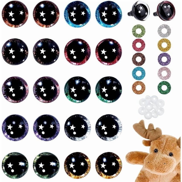 30 pares de ojos de seguridad en forma de estrella de 18 mm para crochet, 10 colores, ojos de resina con purpurina 3D para manualidades, con arandelas, ojos de plástico para amigurumi.