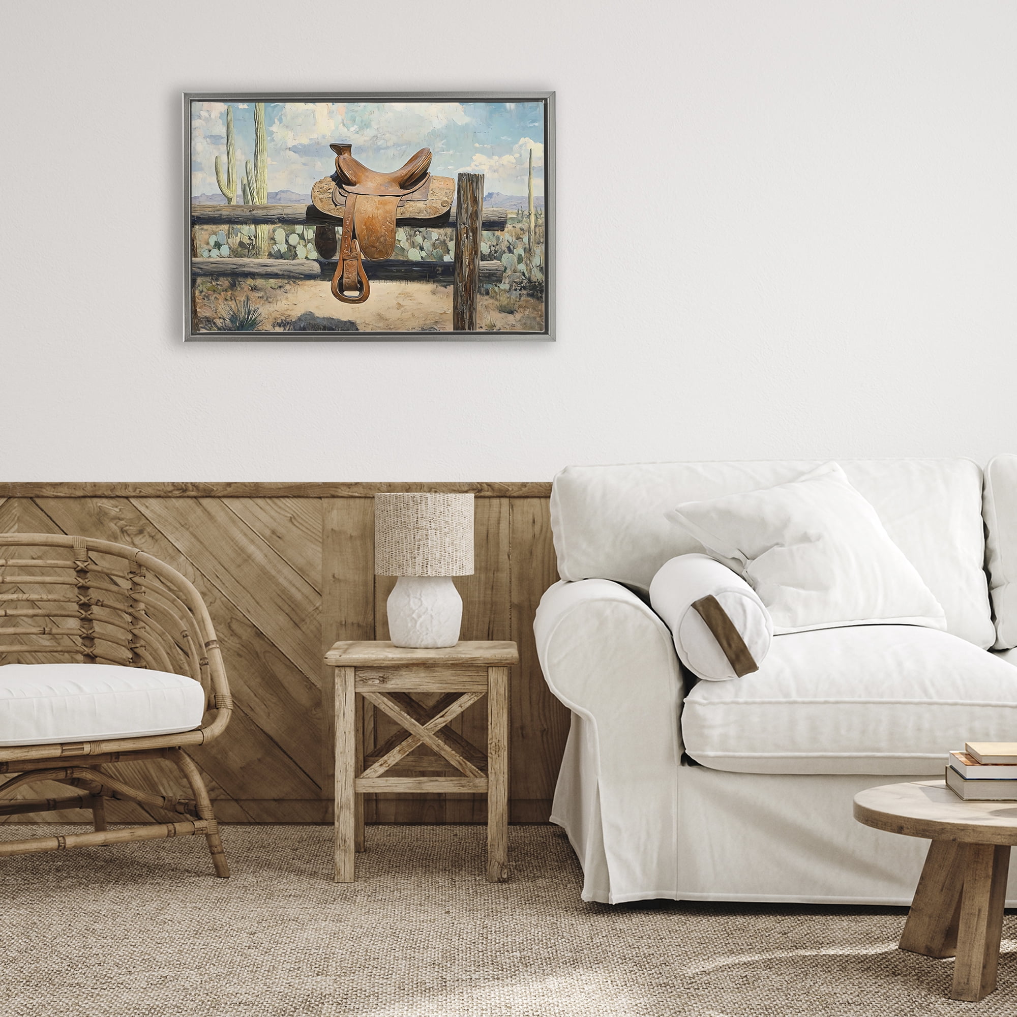 Stupell Industries Saddle on Desert Fence Gray Framed Floater Canvas Wall Art, design by Franklyn Gregory