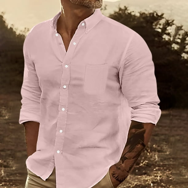 pstuiky Camisas casuales de manga larga para hombre, Camisa de negocios informal de manga larga con botones y cuello vuelto de color entero para hombre Tops de hombre xl