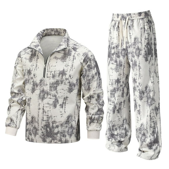 Men's 2 Piece Tie-Dye Outfits Long Sleeve 1/4 Zipper Stand Collar Pullover and Drawstring Track Wide Leg Pants Fall Winter Lined Clothes (XXL,White)