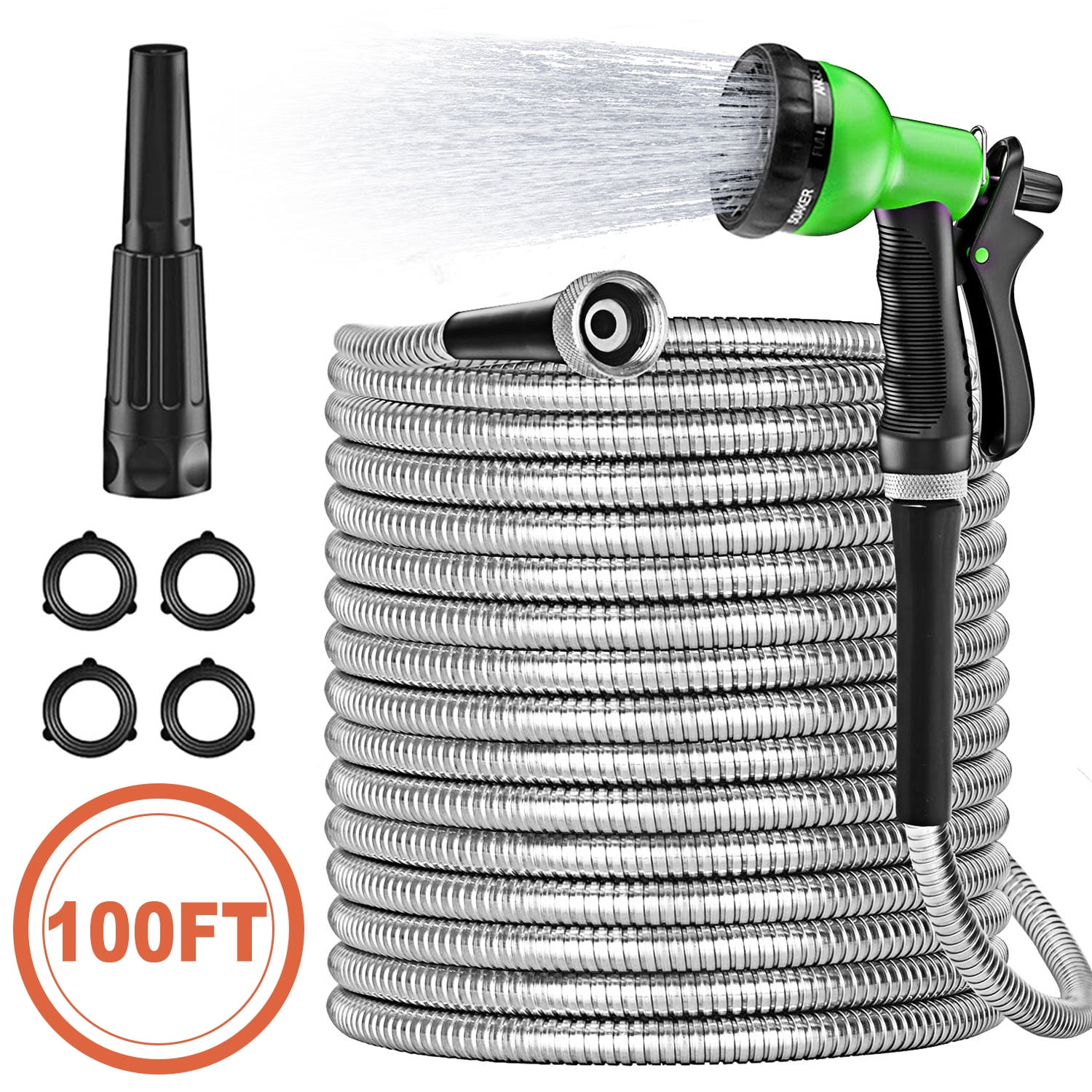 GVDV Garden Hose, 3/4 inch x 100ft Metal Water Hose with Spray Nozzle, Leak Proof, Tangle Free, 550PSI