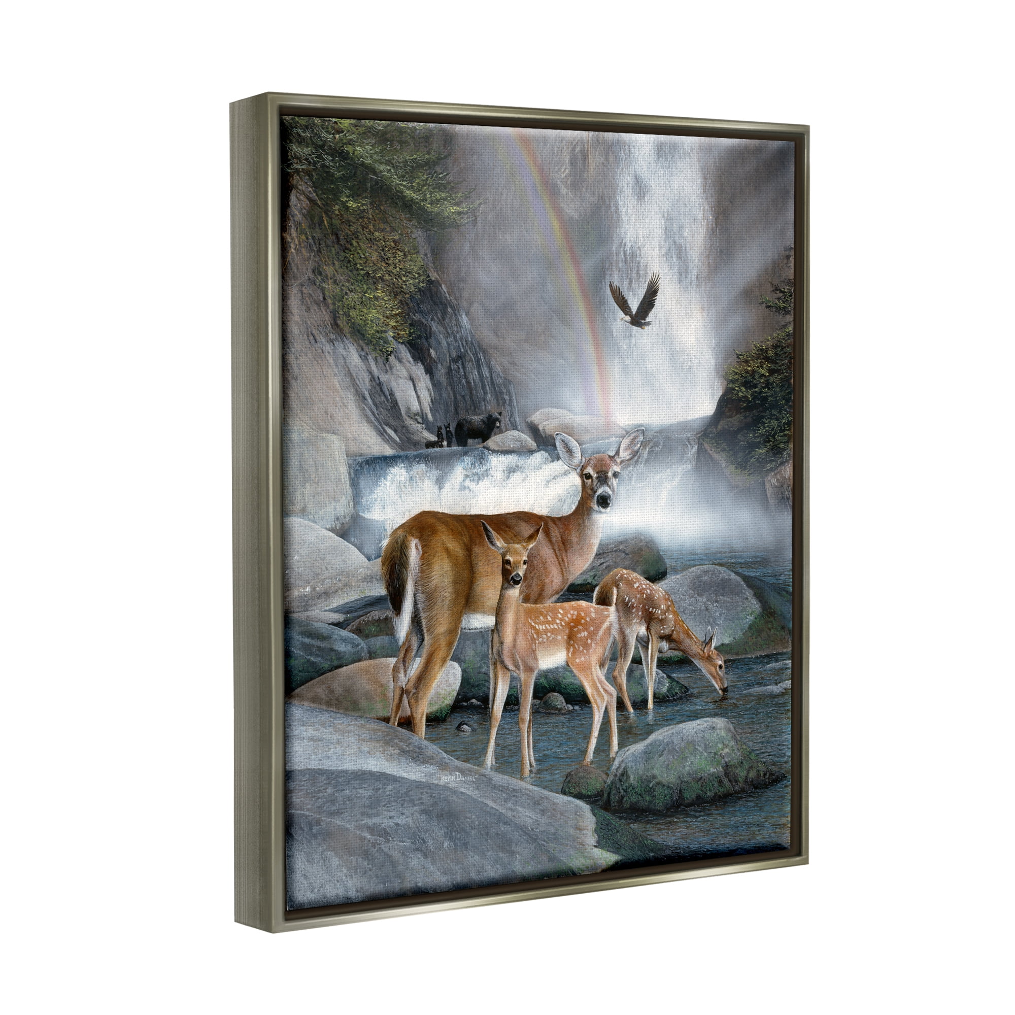 Stupell Industries Deer Family by Waterfall Animals & Insects Painting Gray Floater Framed Art Print Wall Art, 25 x 31