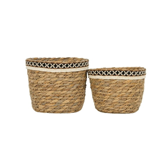 Foreside Home & Garden Set of 2 Embroidered Rim Baskets Natural Seagrass & Jute