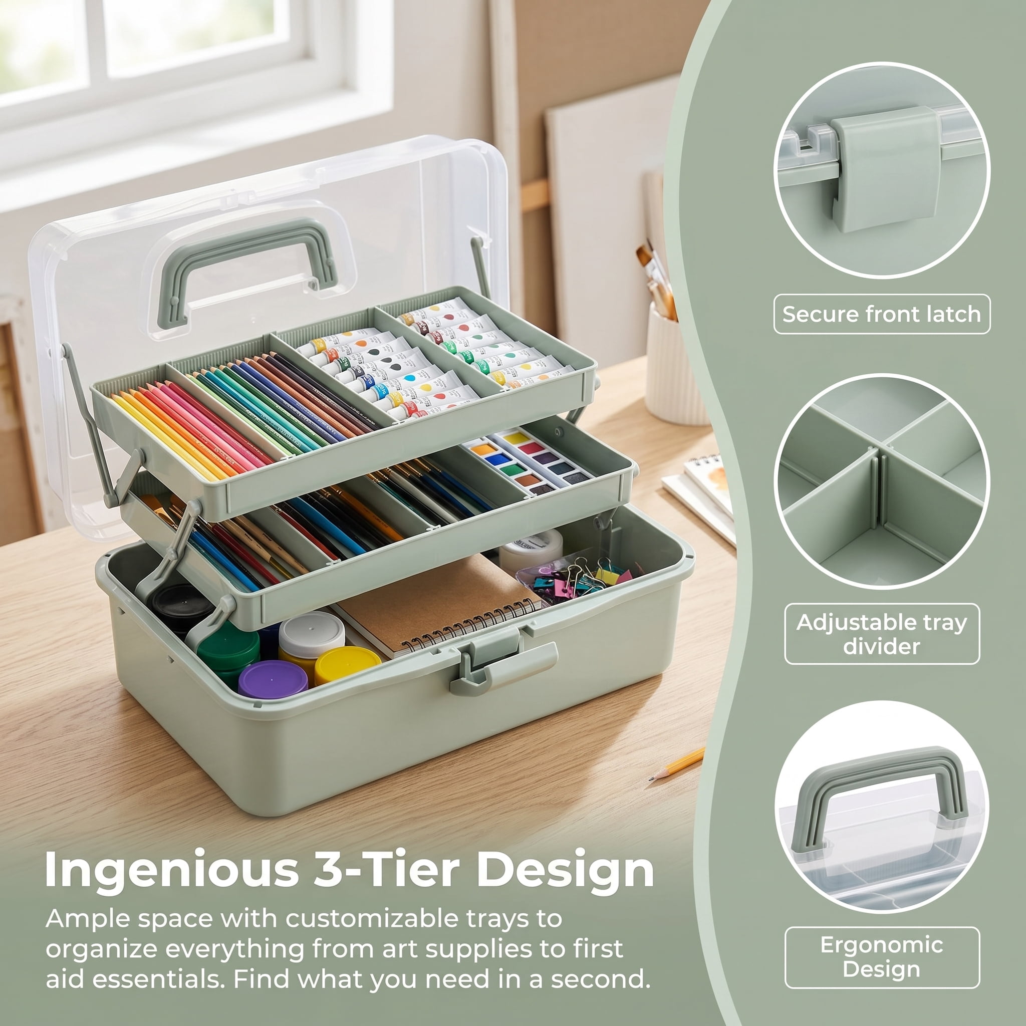 3-Layer Plastic Storage Box Organizer with Adjustable Dividers – Portable Handled Craft, Art Supply & Utility Box for Home, Medicine, Sewing, Haze Green