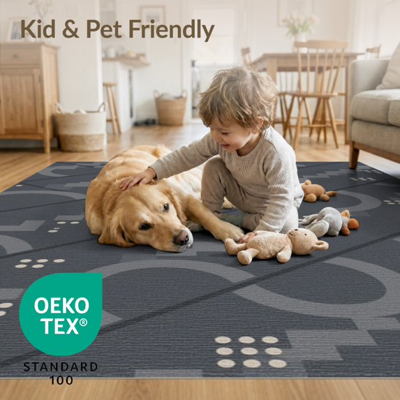 ODIKA 4'x6' Gray Blue Dark Geometric Design Washable Area Rug Modern Abstract Pattern with Unique Shapes for Bedroom, Reading Nook, Pet Friendly & Non-Shedding