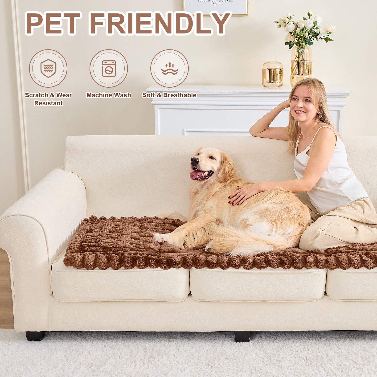 SANMADROLA Waterproof Couch Cover for Dogs Washable, Non-Slip Fuzzy Loveseat Slipcovers, Thick Soft Dog Bed Mat for 2 Cushion Sofa Pet Friendly Furniture Protector, Brown, 28" x 59"