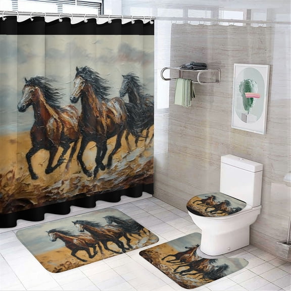 RKSupls 4PCS Christmas Shower Curtain Sets, Galloping Horse Shower Curtain Set, Christmas Bathroom Sets with Non-Slip Rugs, Toilet Lid Cover and Bath Mat with Hooks