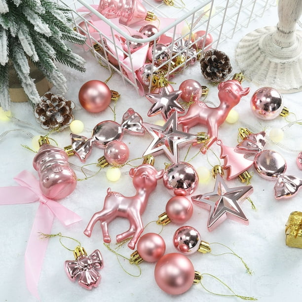 Colgantes De Plástico Adornos navideños colgantes de bolas, set de 45 piezas, de plástico rosa, para decorar el árbol, 24 x 12 x 6 cm Rkxzt
