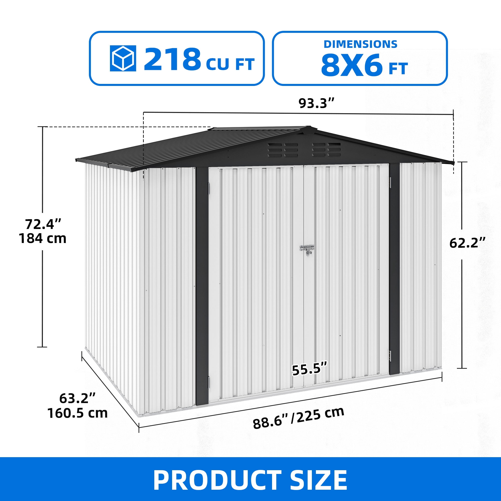 Dextrus 8x6 FT Outdoor Storage Shed with Lockable Doors & Air Vent, Large Metal Tool Sheds House for Backyard Patio, Bikes, Tools,White