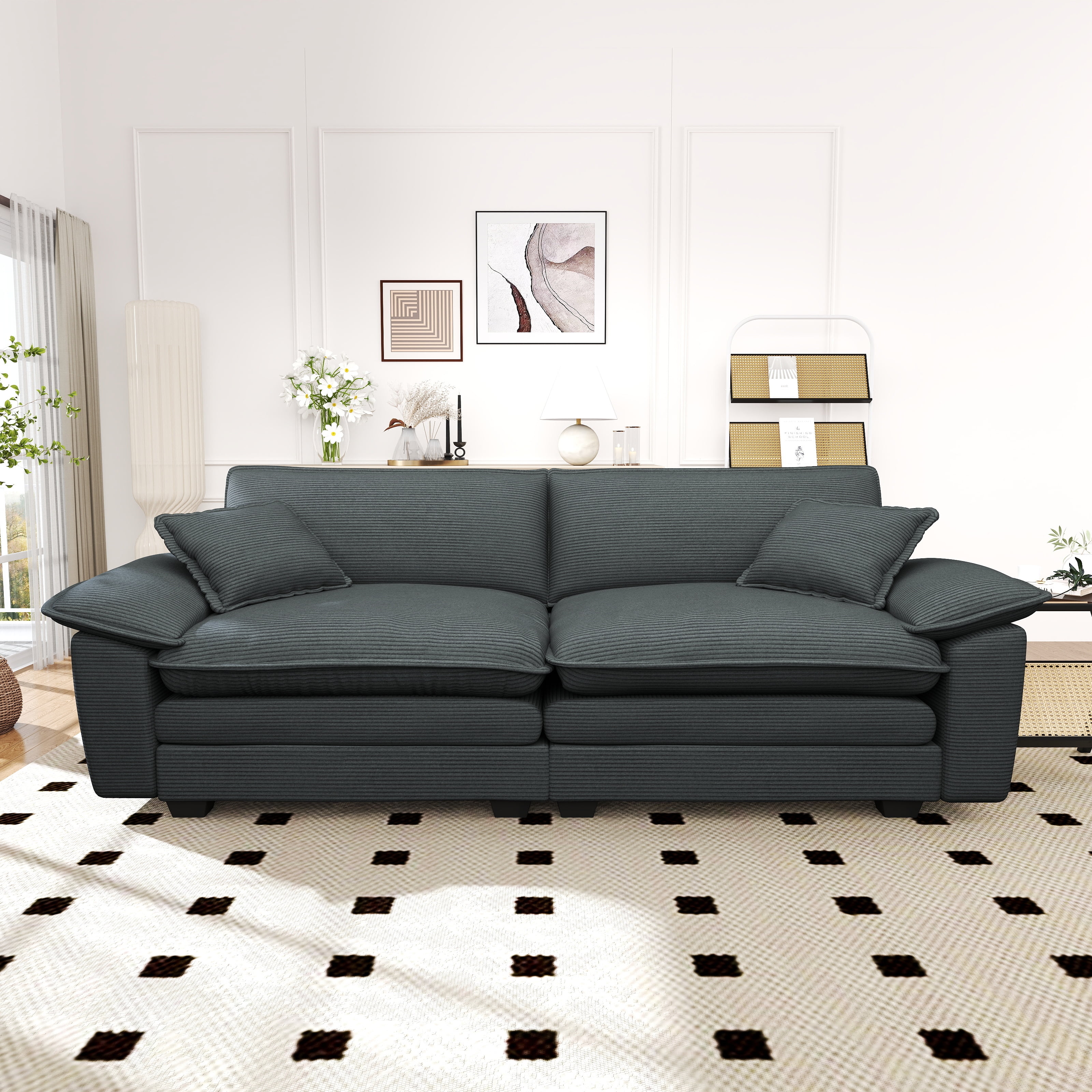 Lunale 80.5" Oversized 2 Seater Corduroy Sofa, Deep Seat Sleeper Cloud Couch for Living Room, Gray