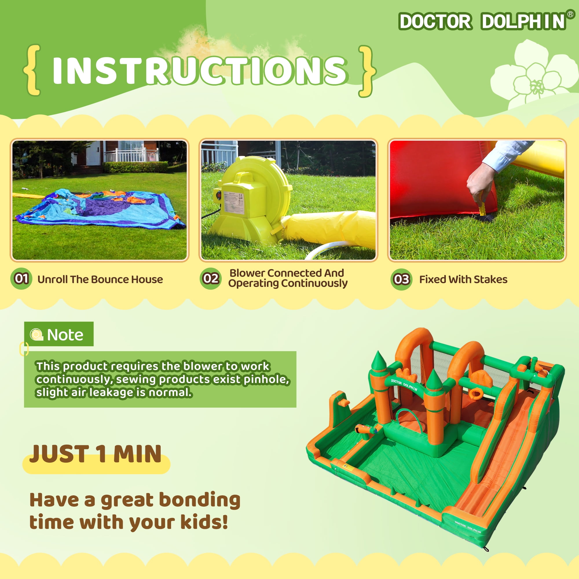 Doctor Dolphin Water Slide Inflatable Bounce House Kid Toddler Bouncer with Blower Large Water Park Waterslide for Wet and Dry