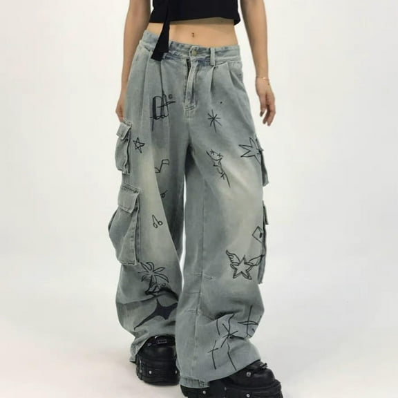 YanHoo Women's Cargo Pants Low Waist Baggy Jeans Pocket Wide Leg Casual Trendy Y2k Streetwear Teens Boyfriend Denim Pants Blue,M