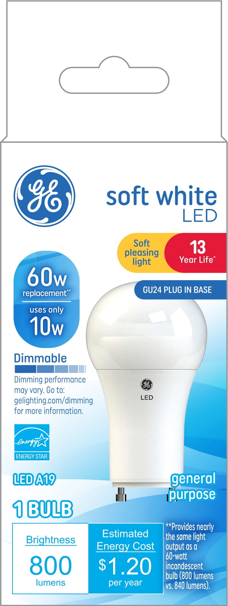 GE Soft White LED Light Bulb, 60 Watt Eqv, A19 General Purpose, GU24 Plug-In Base, 13 year, 1pk