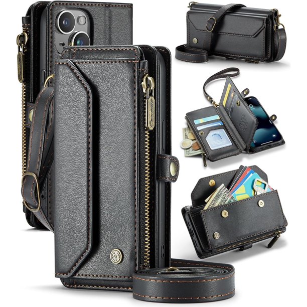 funda para iPhone 13 Mini, Funda para teléfono tipo Billetera Cruzada con Soporte de Bloqueo RFID, Ranuras para Tarjetas de Carga Inalámbrica Anticaídas, Bandolera de Cuero PU