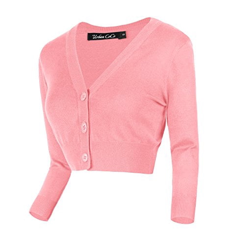 Urban Coco Women's Cropped Cardigan V-Neck Button Down Knitted Sweater 3/4 Sleeve (L, Pink), Size: Large