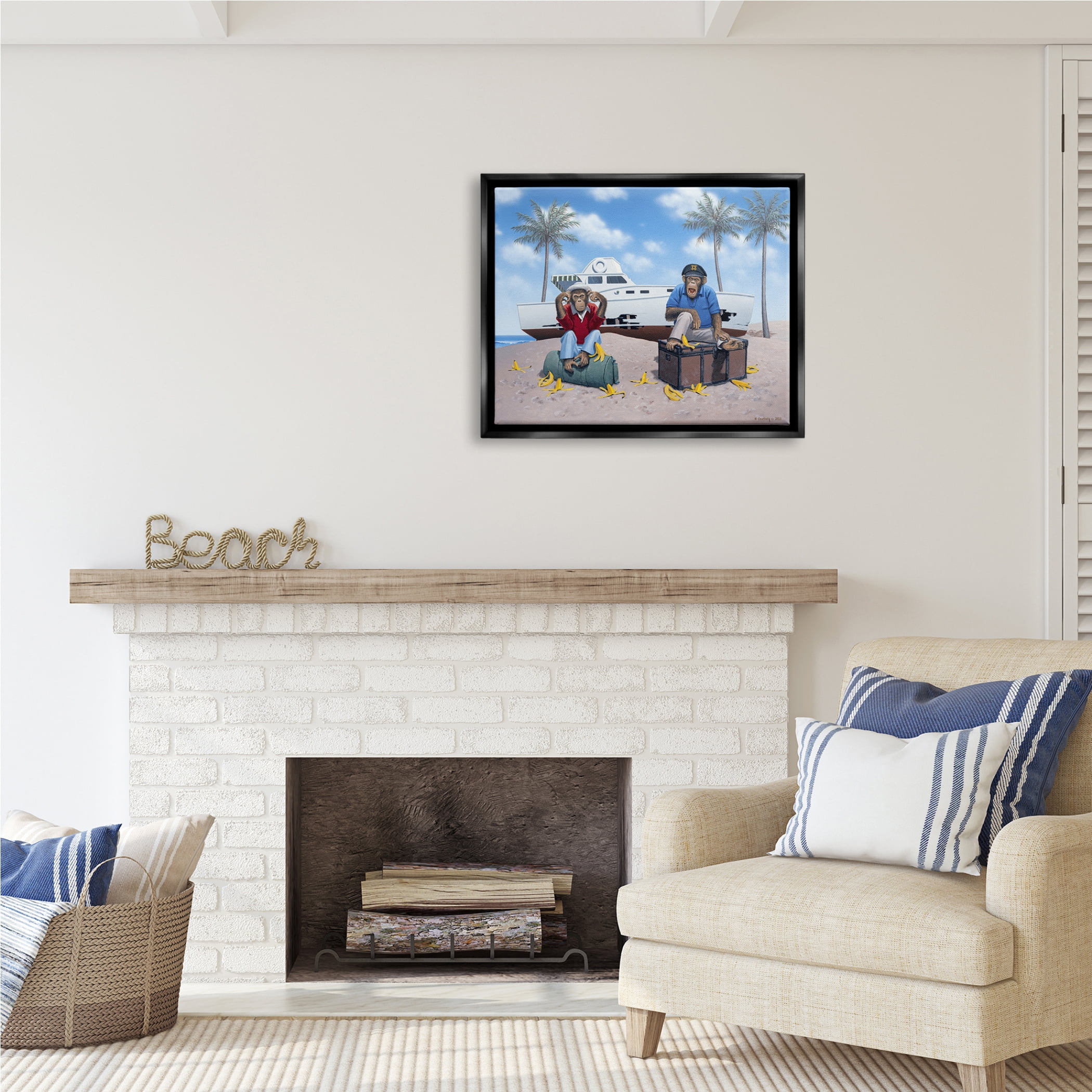 Stupell Industries Chimps & Yacht on Beach Animals & Insects Painting Black Floater Framed Art Print Wall Art, 31 x 25
