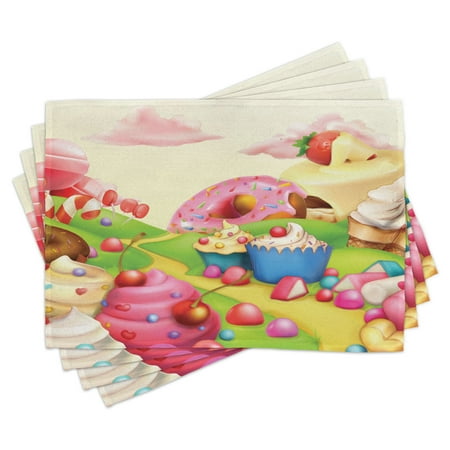 

Modern Placemats Set of 4 Yummy Donuts Sweet Land Cupcakes Ice Cream Cotton Candy Clouds Kids Nursery Design Washable Fabric Place Mats for Dining Room Kitchen Table Decor Multicolor by Ambesonne