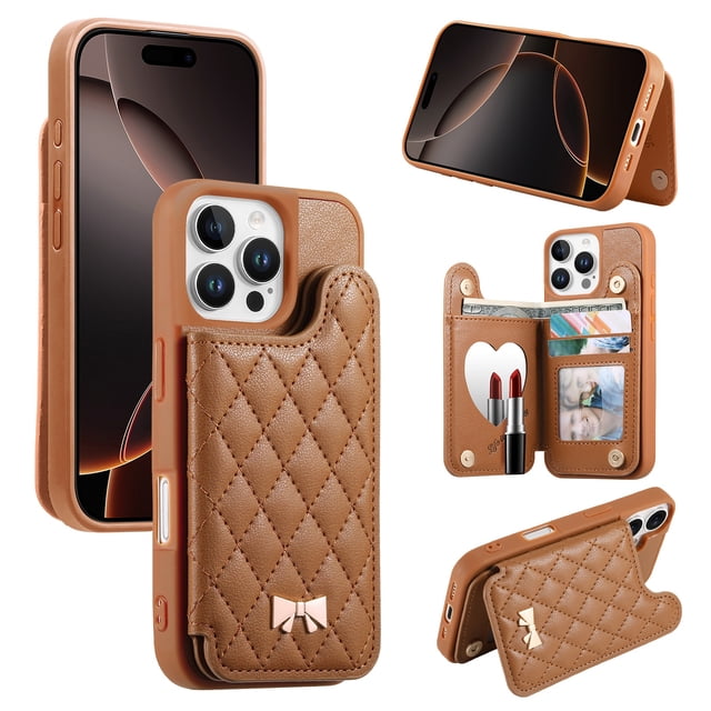 FOXDOCK Wallet Case for iPhone 15 Pro Max with Card Holder & Mirror, Shockproof Adjustable Stand Phone Cover