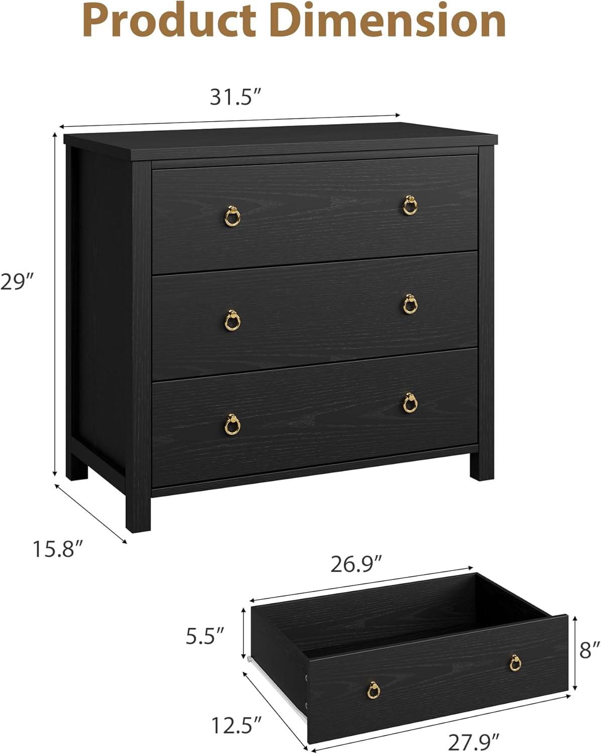 3 Drawer Dresser for Bedroom, 29 Inch Tall Chest of Drawers for Closet, Modern Clothes Storage Cabinet & Vertical Drawer Organizer for Living Room, Hallway, Nursery, Black