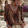 thumbnail image 2 of Women Abstract Geometric Print Drawstring V Neck Ruffled Top,Brown,3XL, 2 of 3