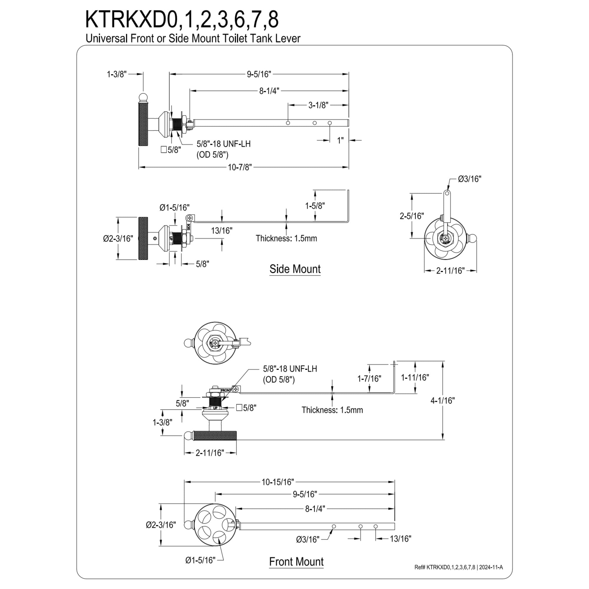 Kingston Brass KTRKXD7 Webb Universal Front or Side Mount Toilet Tank Lever with Knurled Handle in Brushed Brass