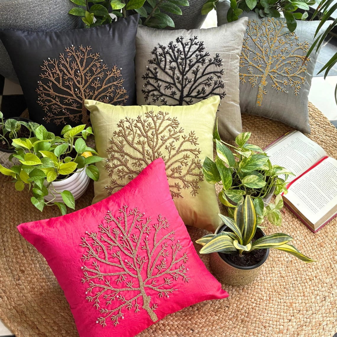 The HomeCentric Throw Pillow Cover Pink Pillow Cover Pack of 2 20x20 inch (50x50 cm) Luxury Fuchsia Pink Pillow Cover Beaded Tree Pillow Case Floral Throw Pillow Cover Square - Fuchsia Tree Of Life