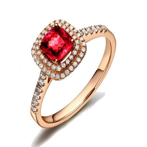1.50 Carat cushion cut Ruby and Diamond Halo Engagement Ring in Rose Gold