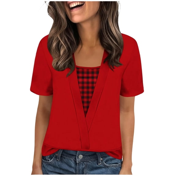 Bixock Women's Short Sleeve Blouse,Summer Casual Tops,Fashion Plaid Print Layered Style Crewneck Short Sleeve Soft Stretchable T-shirts