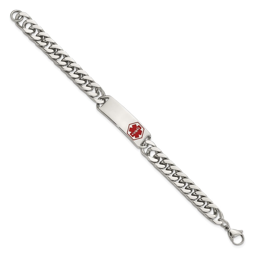 Stainless Steel Bracelet Medical Curb Men's 10.08 mm 8.5 in Chisel Polished with Red Enamel ID