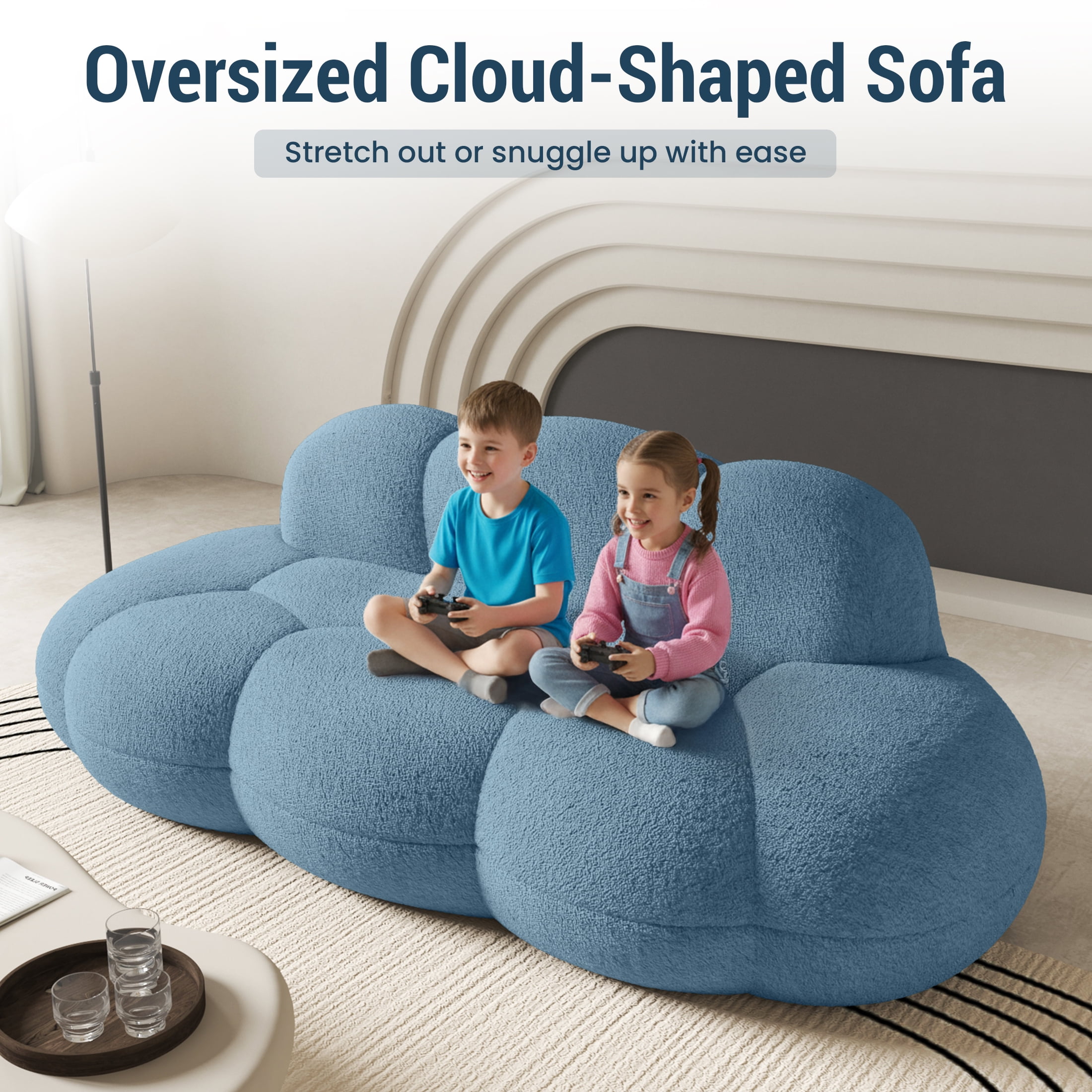 90" Modern Curved Cloud Shaped Couch for Living Room, Boucle LoveSeat 3 Seater Sofa, Upholstered Cloud Couch for Bedroom, Apartment, Small Space (Blue, No Assembly Required)