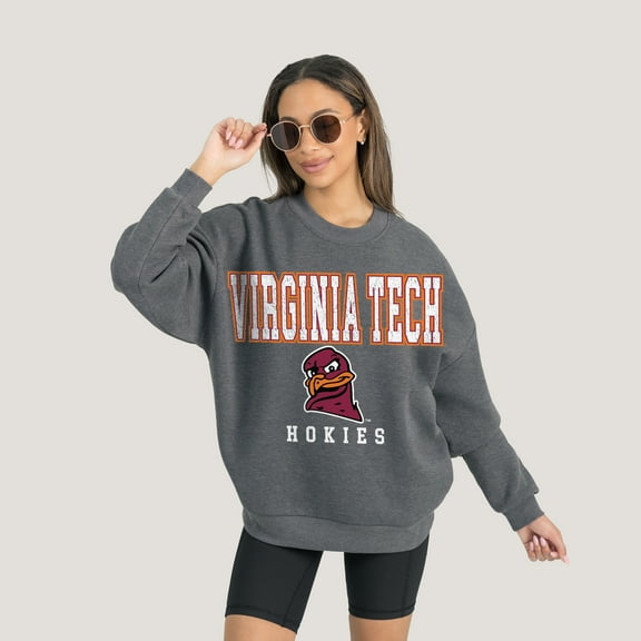 Women's Gameday Couture Heather Charcoal Virginia Tech Hokies Oversized Distressed Fleece Pullover Sweatshirt