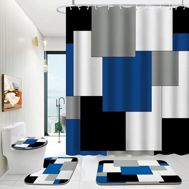 Juego de baño de 4 piezas con cortina de ducha y alfombras, juego de cortina de ducha de baño de color dorado y morado con alfombras, incluye cortina de ducha con 12 ganchos, alfombrilla de baño