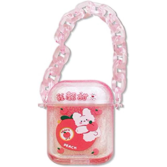 HTOOQ Cute AirPod Cover for Apple AirPods 1 & 2 Kawaii Clear Liquid Sequin AirPod Cover 2nd Generation Wireless Charging Case with Color Chain (Rabbit Peach) AirPods 1 & 2 Rabbit Peach