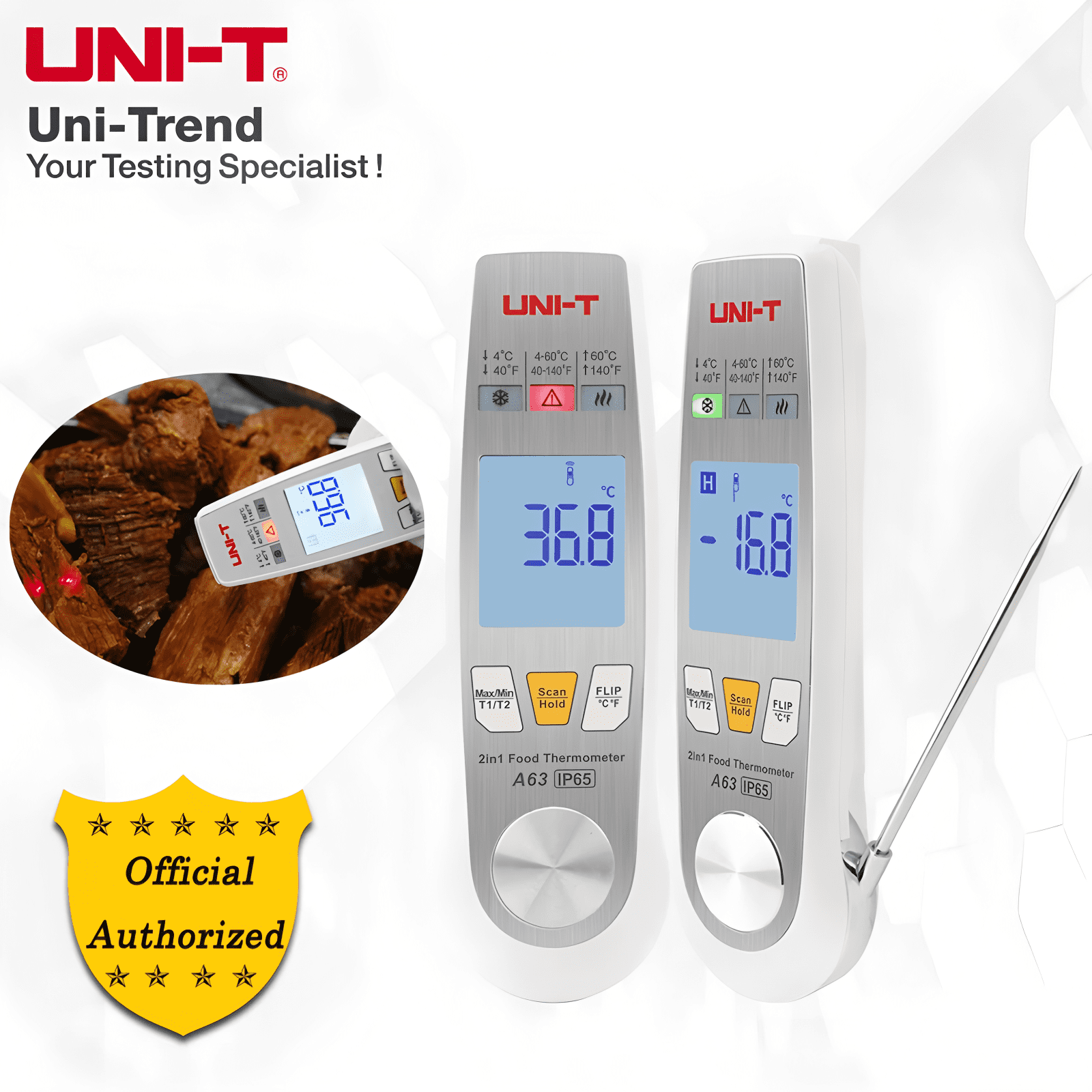 UNI-T Uni-trend A63 High Accuracy 2-in-1 Food Thermometer/Infrared and Probe Temperature Measurement/Coffee Food Temperature Detection
