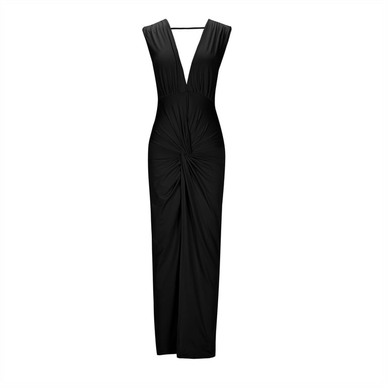 knee length dresses for ladies Seraphine Gold Satin Plunging V-Neck Maxi Dress – Flowy, Backless, Fitted Bust for Weddings, Cocktail Parties & Summer Getaways S / Gold