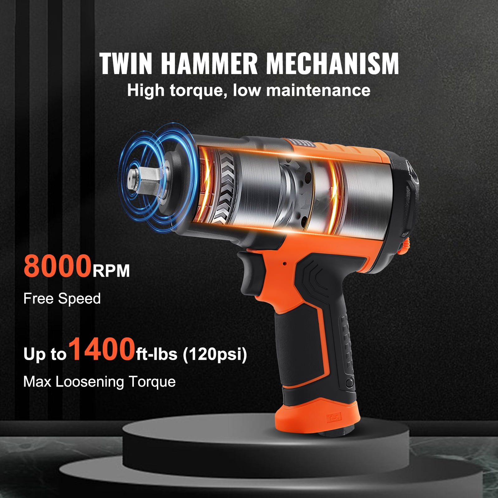 KFFKFF 1/2-Inch Air Impact Wrench, High Torque Up to 1400 ft-lbs, Lightweight 4.6 lb Design Pneumatic Impact Gun with 11-PCS Drive CR-V Steel Impact Socket Set & Carrying Case
