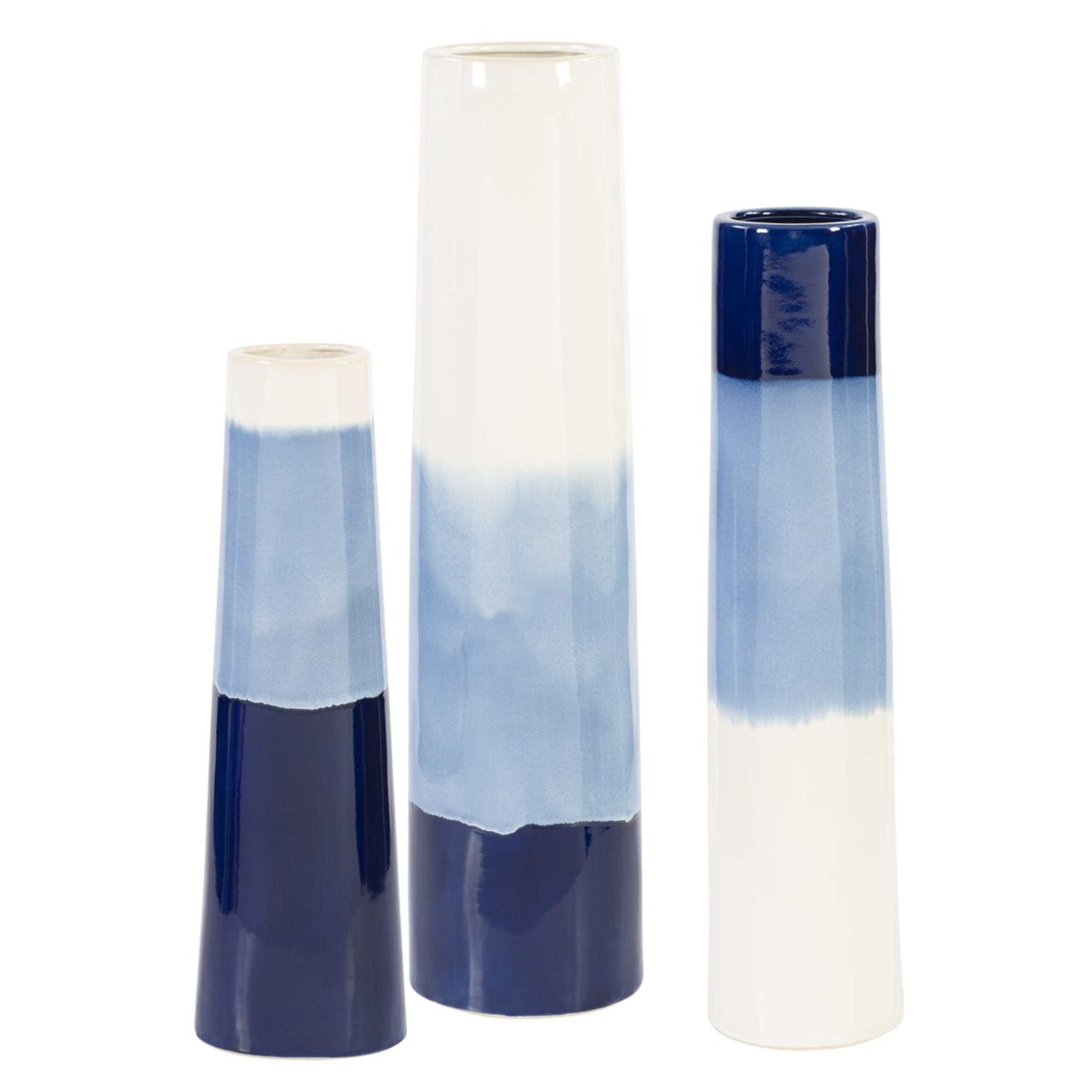 Set of 3 Off White and Navy Blue Contemporary Vases 24"