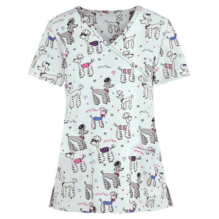 

Cakiesky Scrub Tops for Women Quick-Dry V-Neck Printed Nurse Uniforms White S