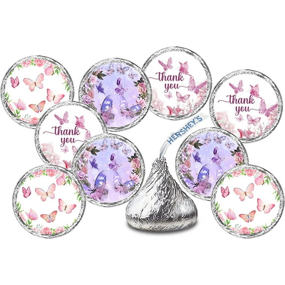 216 Butterfly Kisses Labels, Themed Stickers for Baby Shower Or Birthday Party, Event Decorations, Thank You Stickers, Wrappers, Favors Great for Tags, Supplies (Candy NOT Included)
