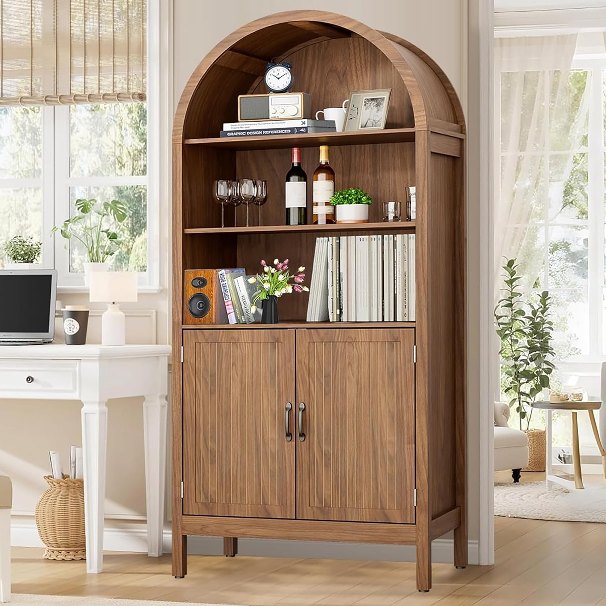Oubayajia 70.9" Tall Storage Cabinet, Arched Kitchen Cupboard with with Fluted Doors for Living Dining Room, Walnut