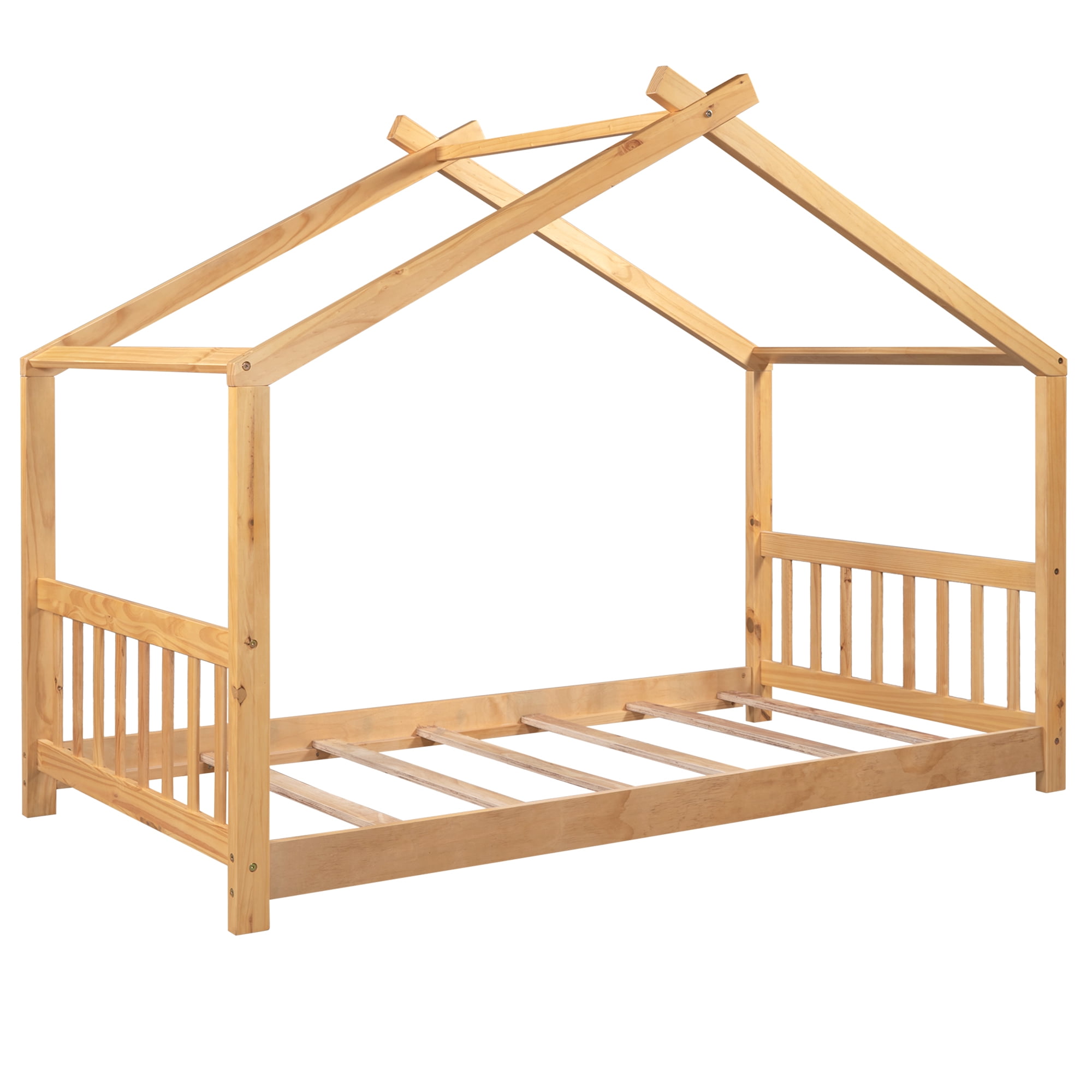 imerelez Twin Size House Platform Bed with Headboard and Footboard,Roof Design,Natural