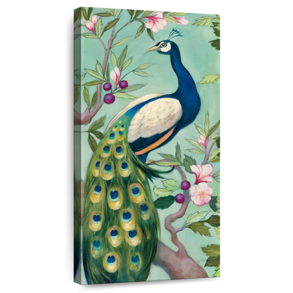 Elephant Stock Pretty Peacock Ii Wall Art - Vertical Canvas Wall Art - Living Room Wall Decor - Animal Canvas - Blue And Turquoise Decor By Julia Purinton - 12" x 24"