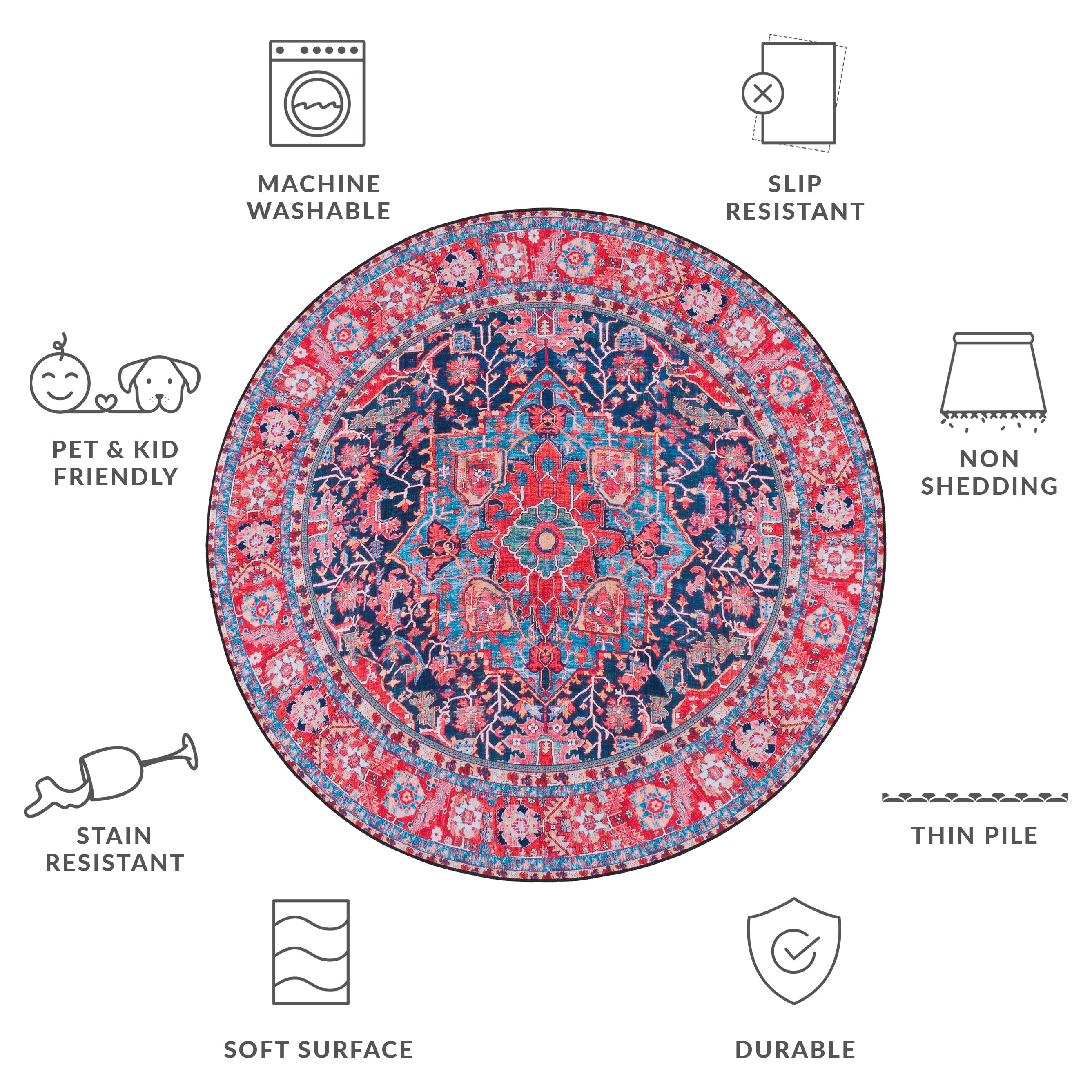 SAFAVIEH Tucson Lennart Oriental Machine Washable Area Rug, Navy/Red, 8' x 8' Round