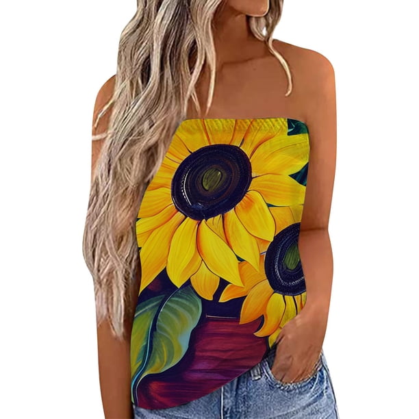 Gibobby Camiseta de tubo estampada para mujer, informal, holgada, cómoda, camiseta sin mangas(Amarillo,XG)