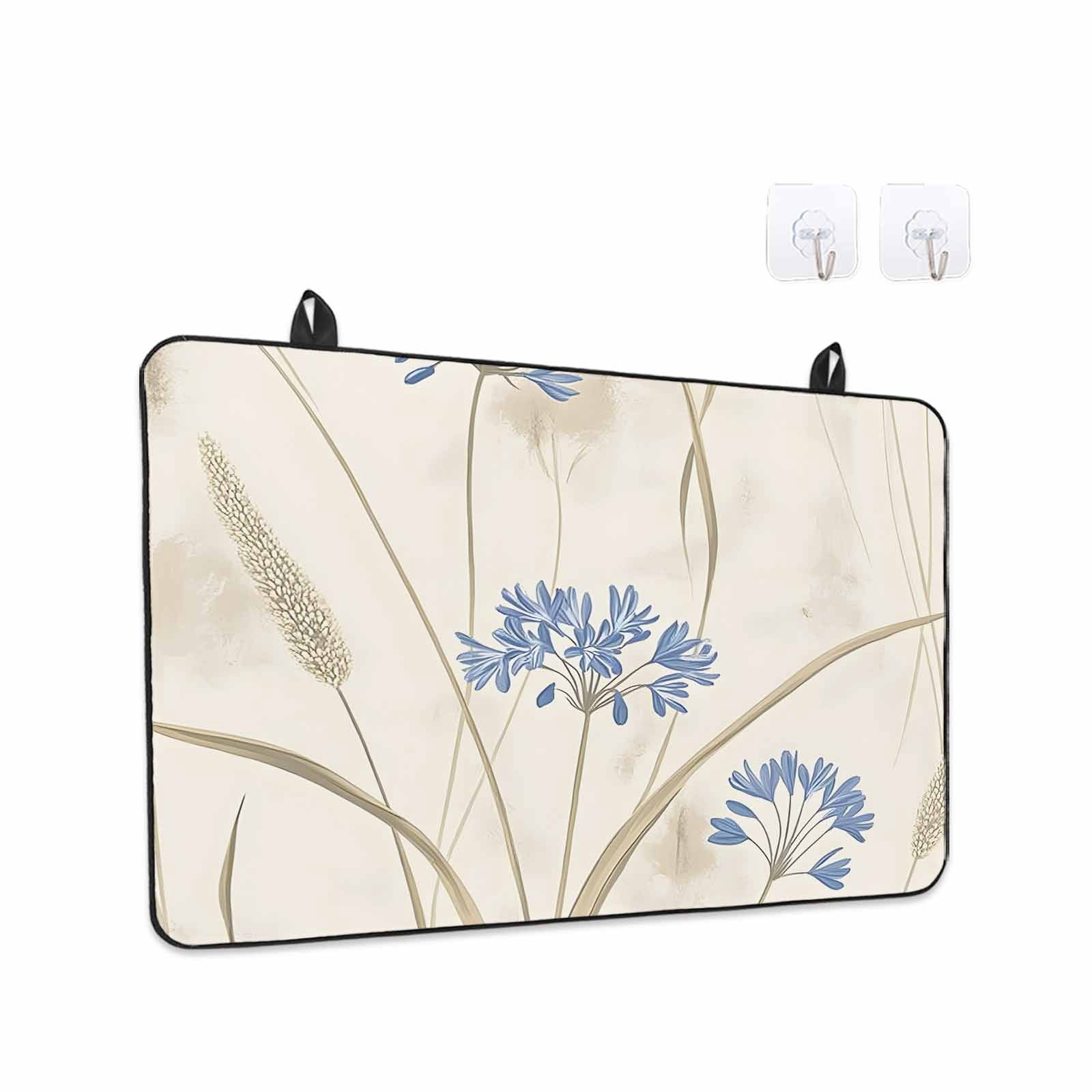 Blue Floral Botanical Spring Stove Top Cover for Electric Stove, Heat-proof & Non Slip Glass Top Stove Cover Protector, Farmhouse Beige Flowers Kitchen Flat Cooktop Rubber Mat 24x21 Inches