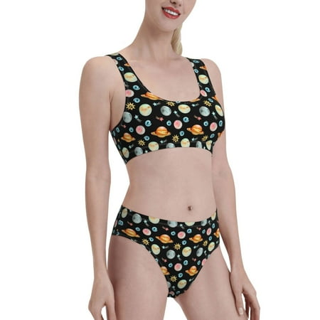 Uemuo Watercolor Space Planets Printed Women s High Waisted Bikini Sets Sporty Two Piece Swimsuits Color Block Cheeky High Cut Bathing Suits-X-Large