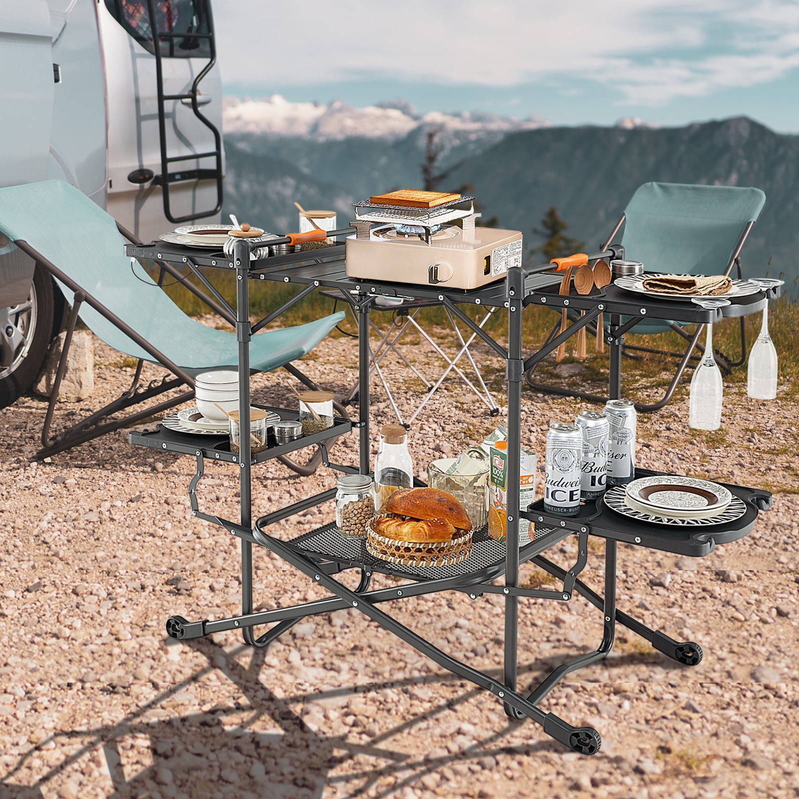 Topbuy Camping Kitchen Table Folding Outdoor Cooking Station w/
